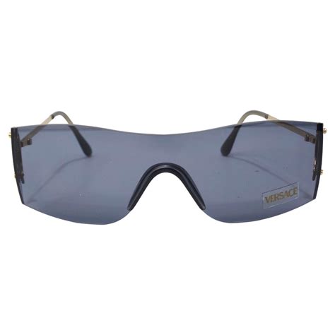 Versace 1990s Blue Greek Key Shield Sunglasses 